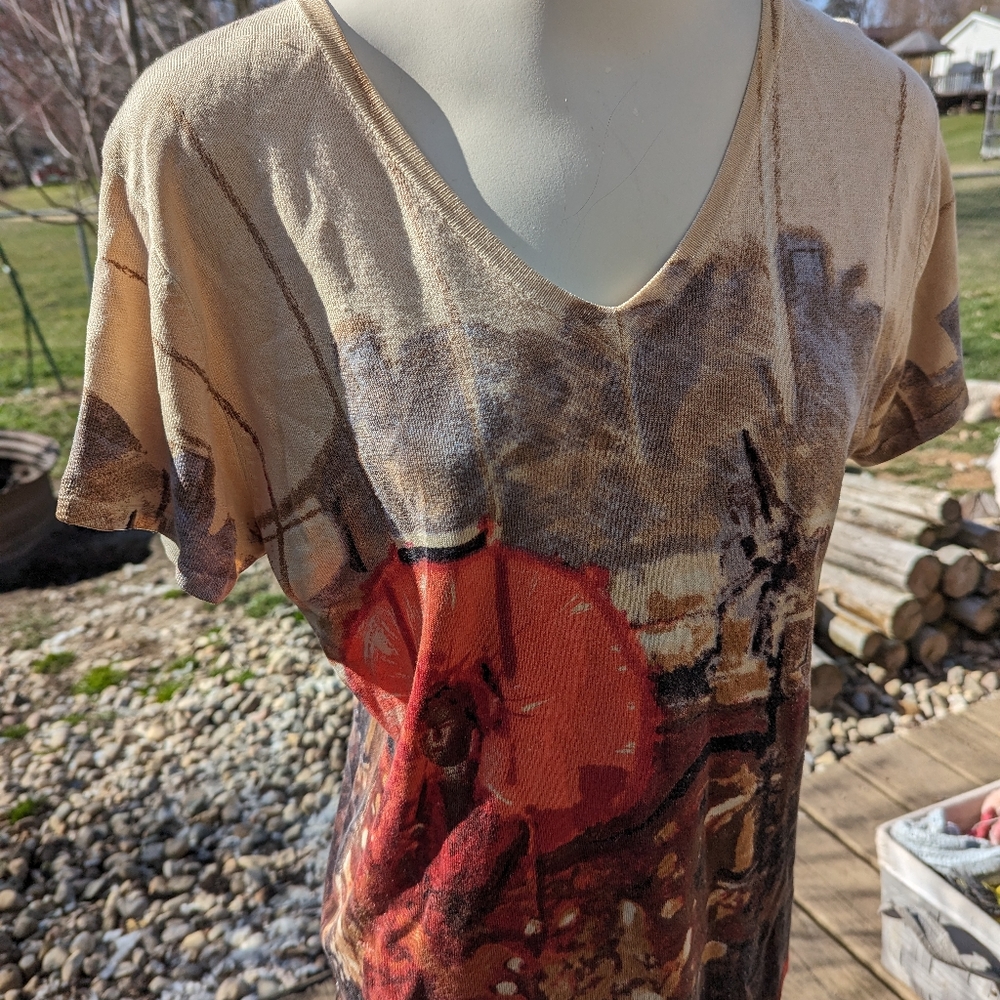 Mark Richards SS Silk blend art inspired vneck swtr Sz Sm
